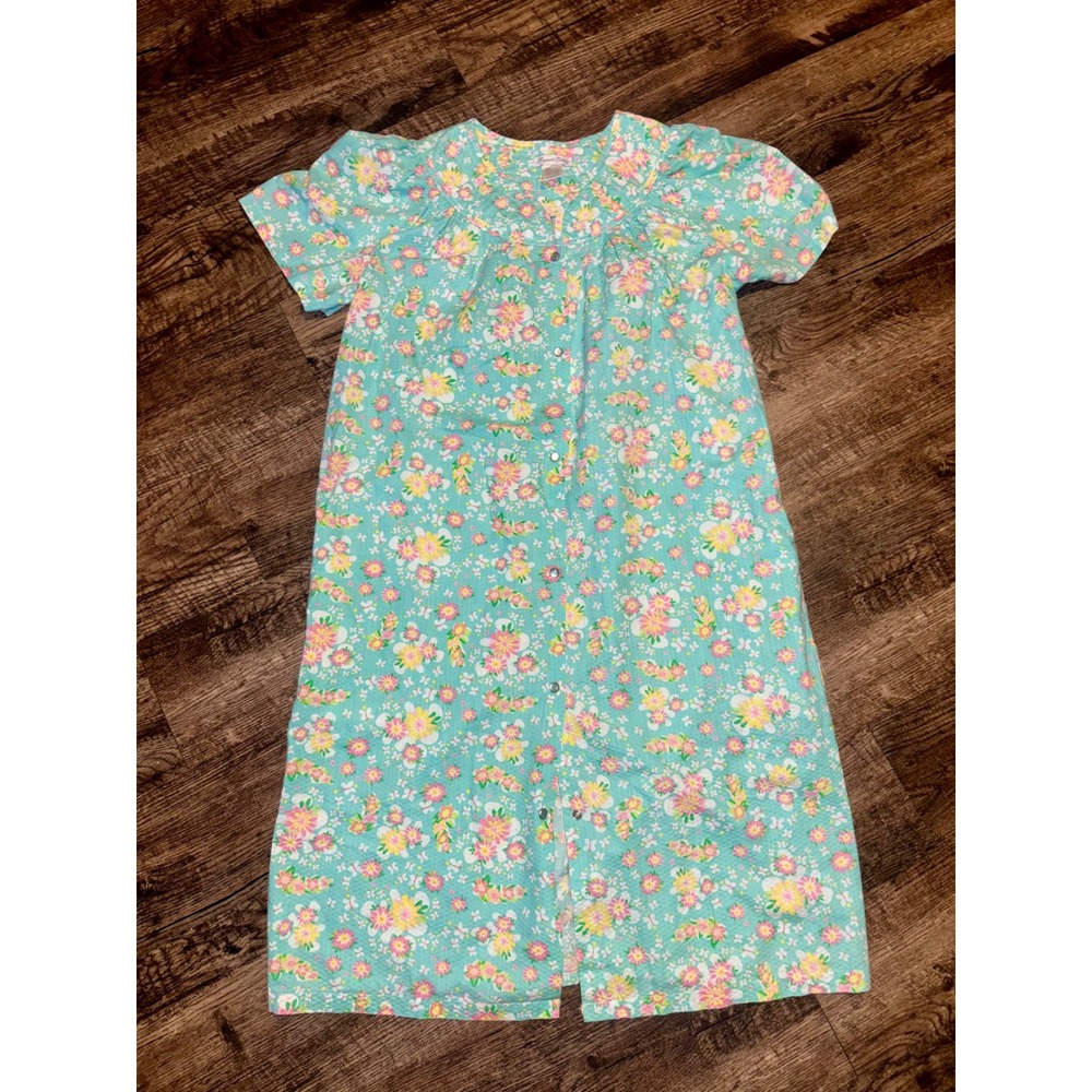 Elegant Emily Floral Duster Robe Turquoise Pink Snap Front House Coat Large